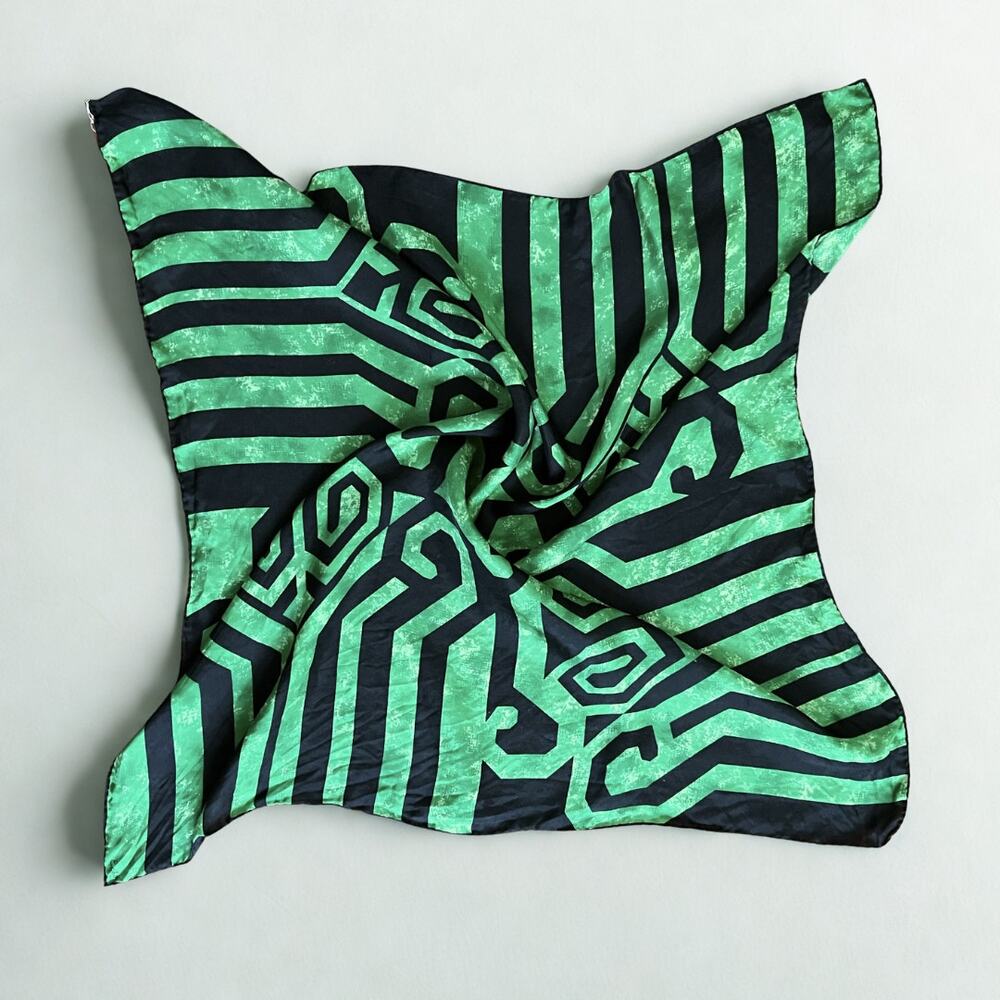 Vintage 90s Echo Silk Square Scarf Green Black Made in Japan Hand Rolled